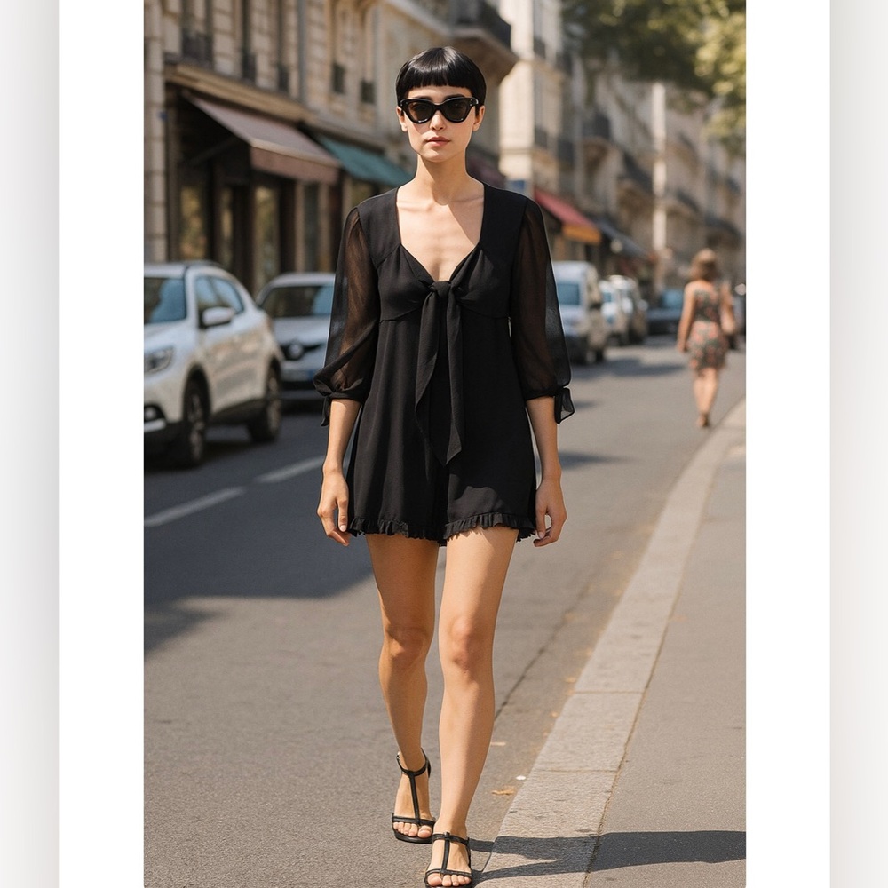 Show Me Your Mumu Black Chiffon Tie Front Romper Women’s S Short-all Flowy Sheer